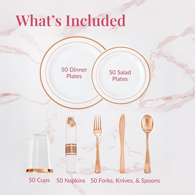 Prestee Rose Gold Disposable Dinnerware Sets - 350-Piece Plastic Dinner Set for 50 Guests, Includes Plastic Plates, Cups, Cutlery, for Weddings, Baby Showers, and Party Dining