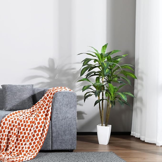 Artificial Plants,4FT Dracaena Tree Faux Plants with White Taper Planter,Tall Fake Plant for Indoor,Fake Tree for Home Decor Office Living Room Porch