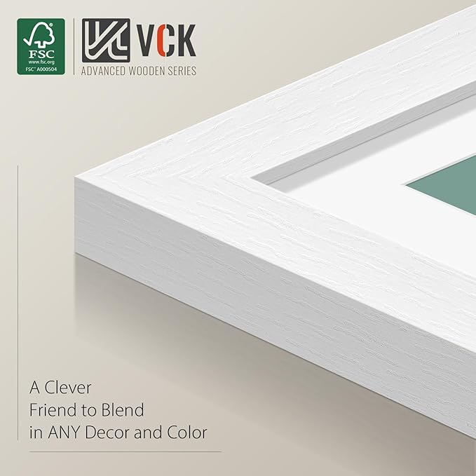 VCK 11x14 White Picture Frames with Mat, 8x10 Matted to 11x14 Wood Photo Frame with Real Glass, 2 Pack for Wall Mount, Horizontal & Vertical