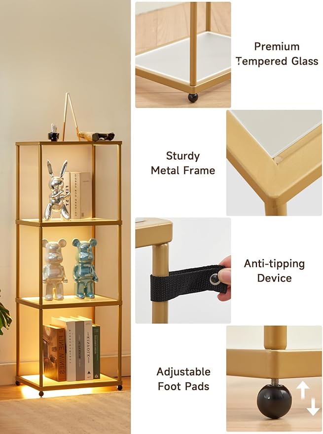 MANBUR Display Shelf with Dimmable LED Floor Lamp, Display Cabinet with Glass Bookcase, Home Decor, Bedroom Decor, Bookshelf with Light, Open Book Shelf with 4-Tier Shelf for Living Room Decor Gold