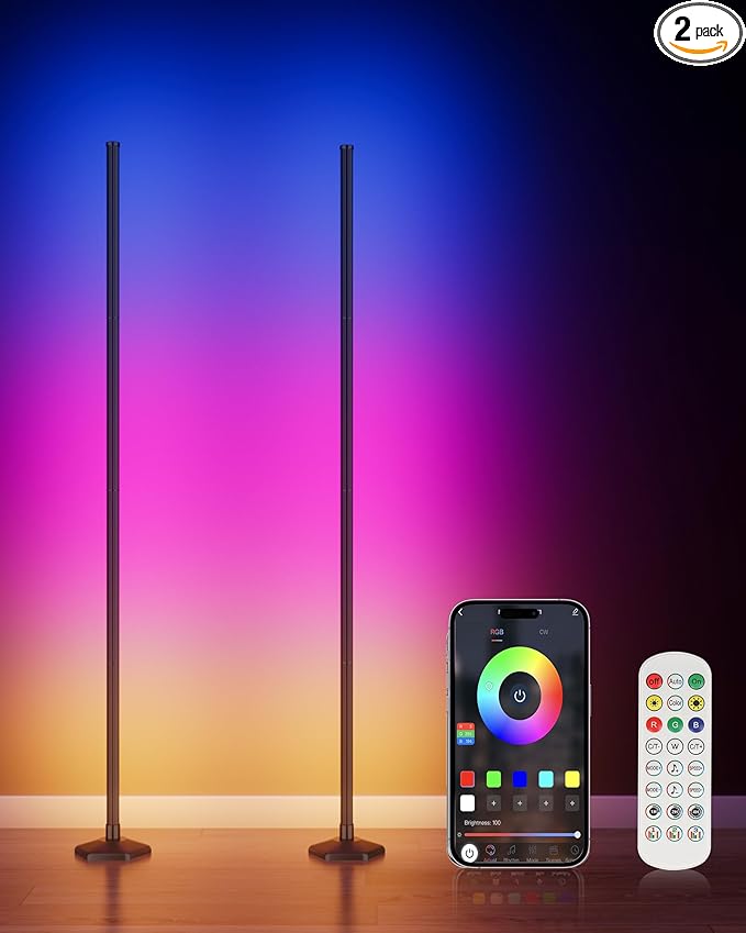 2PCS RGB Floor Lamp, Bluetooth APP and Remote Control 65" Smart Modern Standing Lamp Music Sync 16 Million DIY Colors Changing LED Floor Lamp with Heavy Base