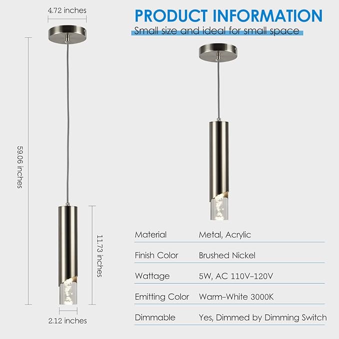 Pendant Light Fixture, Bubble Acrylic Pendant Lights Kitchen Island, 1 Light Dimmable Brushed Nickel Cylinder Pendant Island Hanging Light for Dining Room, 3000K