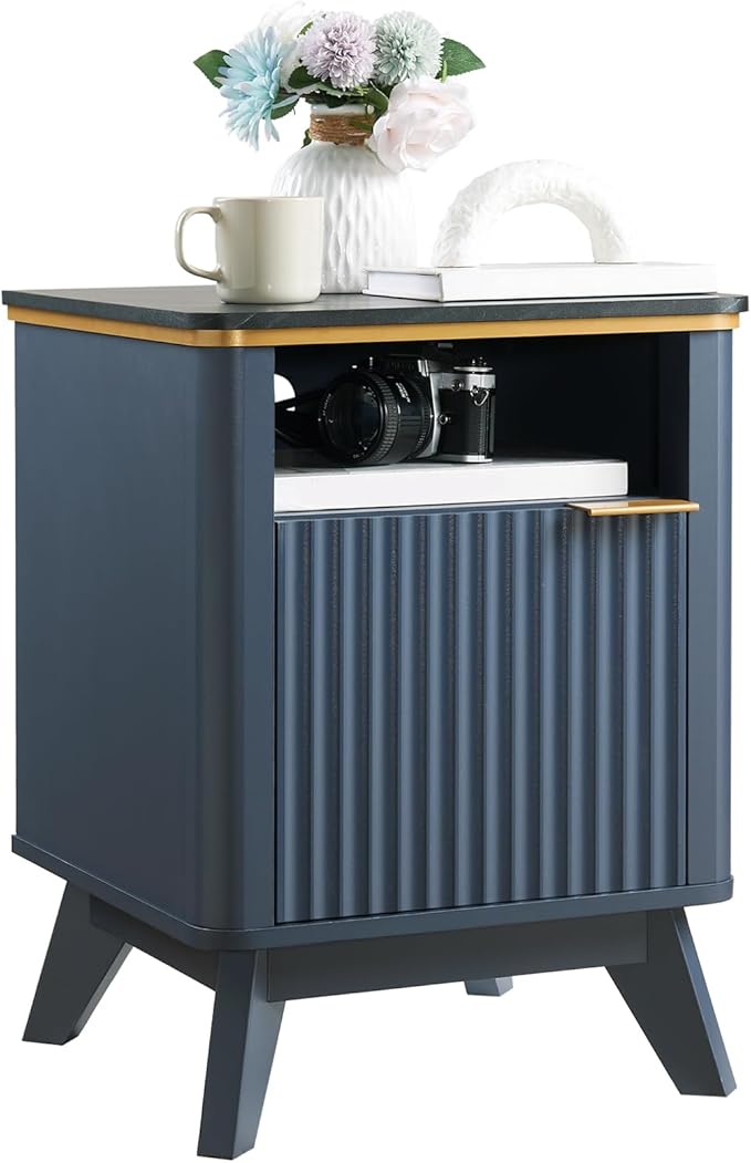 QUW Fluted Nightstand with Charging Station, Bedside Table with Open Storage and Cabinet, 18" Modern Side Table, End Table for Bedroom, Living Room, Navy Blue