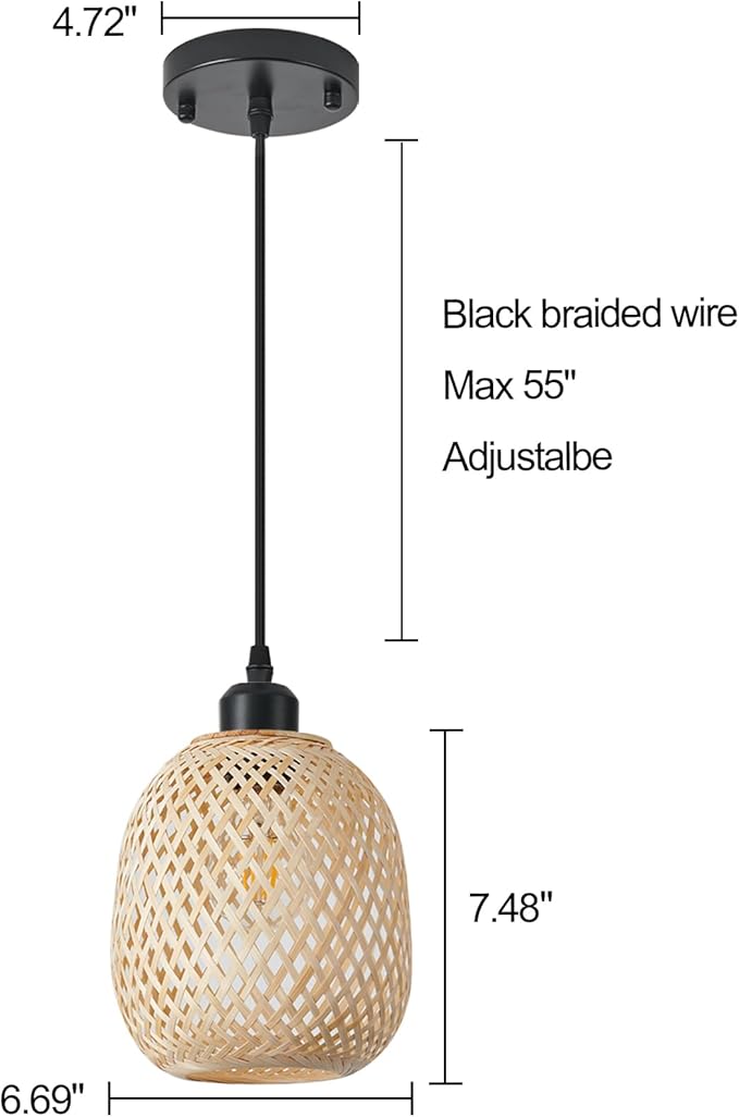 TERLEENART 1pcs Hand Woven Bamboo Boho Chic Pendant Light,Adjustable Cord Bamboo Rattan Ceiling Hanging Light for Dining Room Bar Cafe Restaurant Craft Room