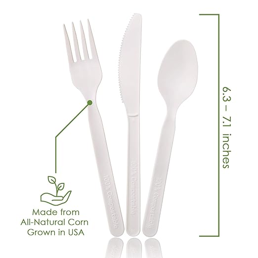 100% Compostable Forks Spoons Knives Cutlery Combo Set - 380 Large Disposable Utensils (7 in.) Eco Friendly Durable and Heat Resistant Alternative to Plastic Silverware with Convenient Tray