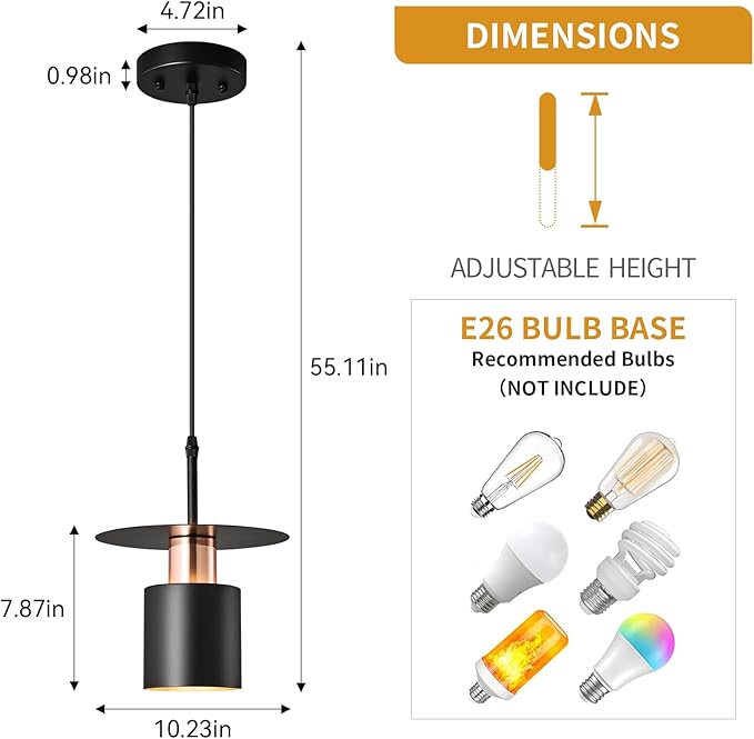 Black Pendant Light Fixture,Modern Hanging Lamp Adjustable Height, Industrial Ceiling Pendant Lighting for Kitchen Island Living Room, Bedroom, Hallway, Bar, Cafes(1-Pack)