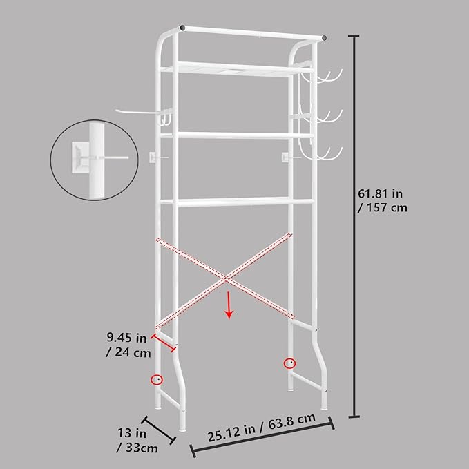 Over The Toilet Storage Metal 3 Tier Bathroom Organizer Shelf with Paper Holder Easy to Assemble & Space Saving (White)