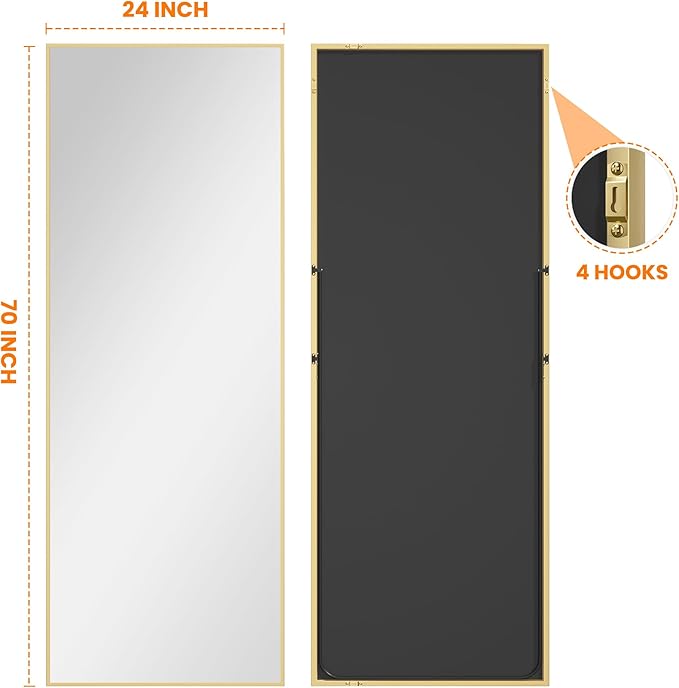 Full Length Mirror, Gold Standing Mirror, 70"x24" Full Body Mirror with Standing, Free Standing, Wall Mirror with Aluminum Alloy Frame, Large Floor Mirror for Bedroom Living Room Dressing Room