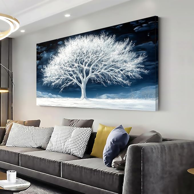 Calming Tree of Life Wall Art for Living Room Office Navy Blue Snow White Canvas Painting Prints Nature Artwork Family Bedroom Decor (20x40 Inches)