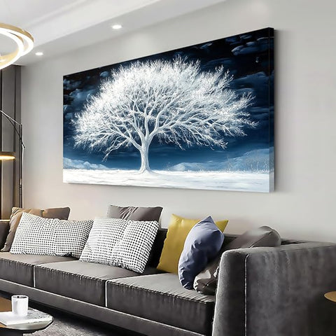 Calming Tree of Life Wall Art for Living Room Office Navy Blue Snow White Canvas Painting Prints Nature Artwork Family Bedroom Decor (16x30 Inches)