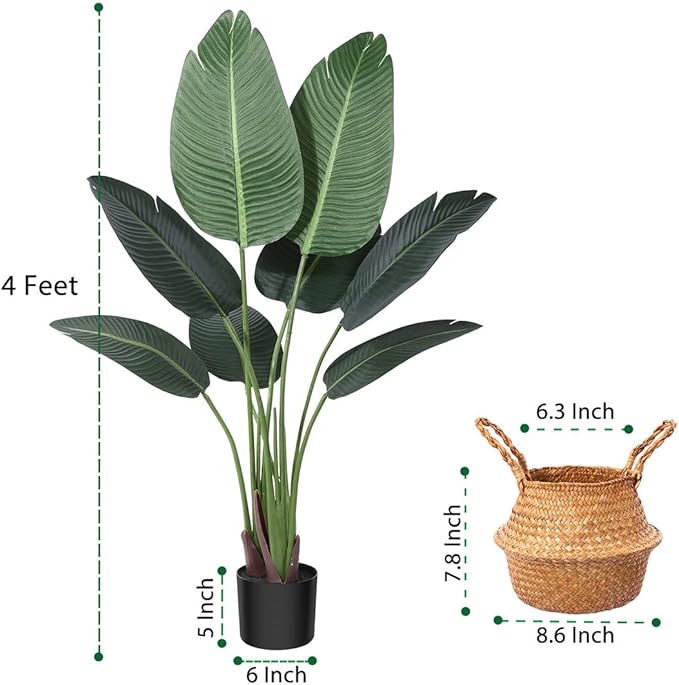 Artificial Plants 4FT Artificial Bird of Paradise Plant in Pot, Tall Fake Tree with Woven Basket, Realistic Faux Palm Tree 8 Trunks Silk Plants for Modern Home Décor Indoor Outdoor Office