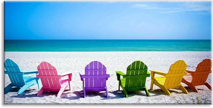 Beach Canvas Wall Art for Living Room, PIY Blue Sea with Colorful Chairs Picture Prints Decor, Relax Leisure Time Home Decorations (Waterproof, Bracket Mounted Ready Hanging, 24x48 Large)