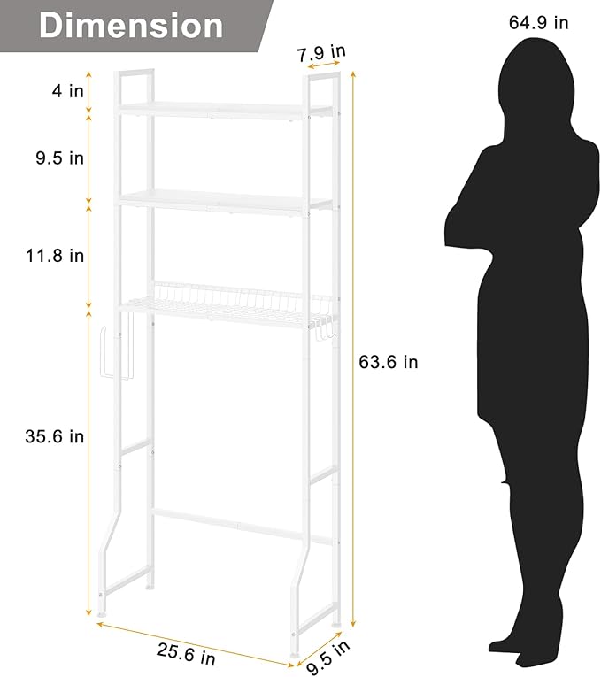 Over The Toilet Storage Rack 3 Tier Over Toilet Bathroom Organizer Wooden Behind The Toilet Storage Standing Shelf with 4 Hooks and Toilet Paper Holder, Space Saver, White