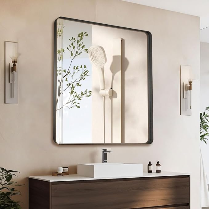 Black 40x30 Inch Metal Framed Mirror for Wall, Large Rounded Rectangle Mirror, Anti-Rust, Tempered Glass, Hangs Horizontally or Vertically