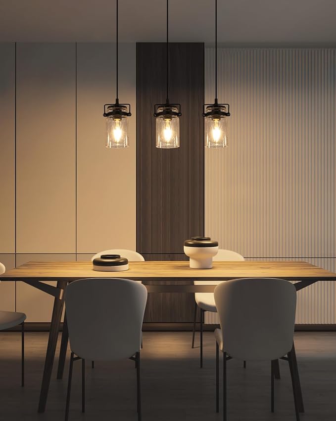 Kitchen Pendant Lighting Over Island Pendant Lights with Seeded Glass Shade Black 3 Pendant Lighting Adjustable Farmhouse Ceiling Light for Kitchen Island Dining Room Bedroom Living Room