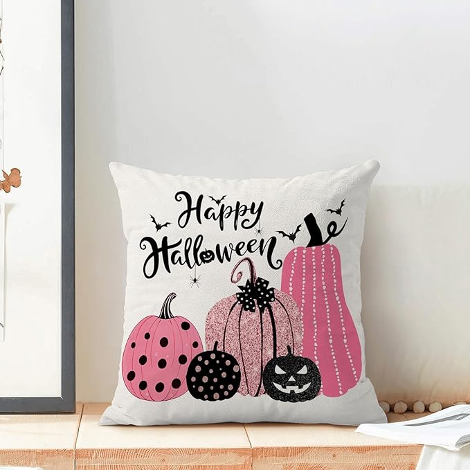 Halloween Pillow Covers 18x18 inches Set of 2 Pink Black Pumpkin Decorative Farmhouse Throw Pillow Covers Outdoor Happy Halloween Decor Farmhouse Linen Cushion Case for Home Sofa Decoration