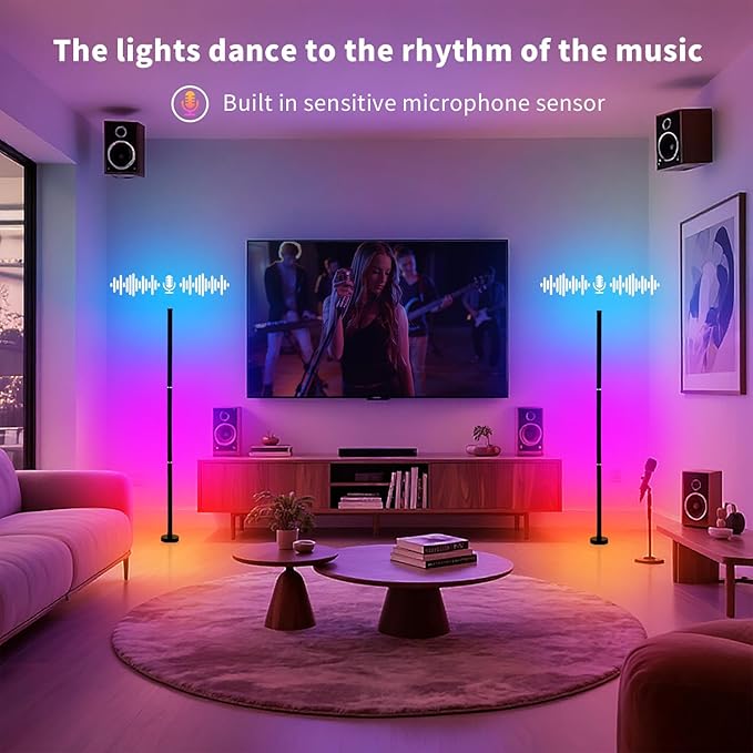 Corner Floor Lamp, Smart RGB Floor Lamp with Music Sync and 16 Million Colors, Color Changing Standing Floor LED Lights for Bedroom Living Room Decor, Ambient Mood Lighting Gaming Black (2 Pack)