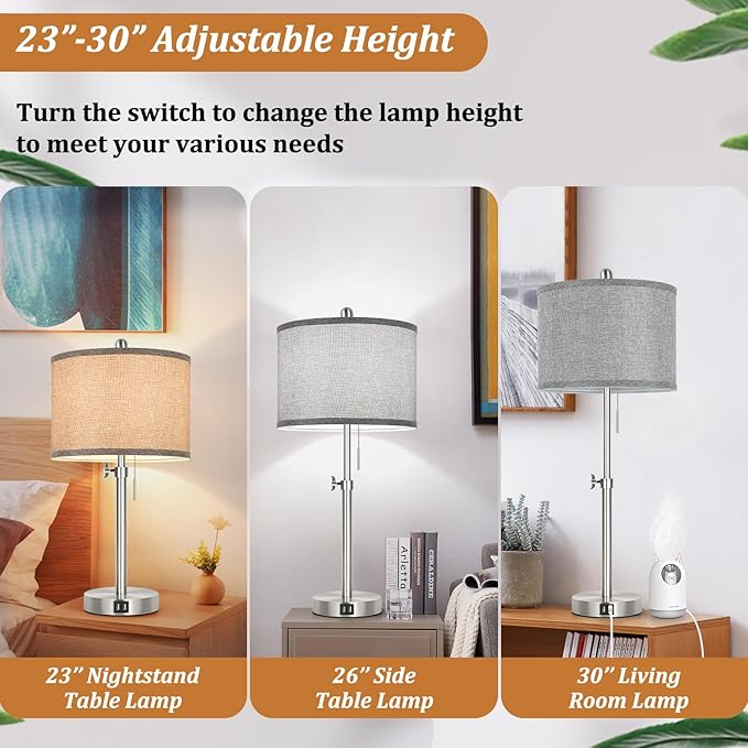 Silver Table Lamps Set of 2 for Living Room Bedroom, 23''-30'' Adjustable Height Bedside Lamps with 2 USB Ports, Industrial Nickle Nightstand Lamps with Grey Shade, Modern Lamp Sets for Home Office
