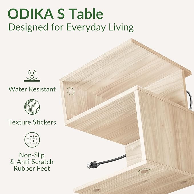 Tokyo S Minimalist 3 Tier End Table with Fast Charging Station - USB C Cable Wood Nightstand for Small Spaces with Open Storage Bedside Table for Bedroom (Natural w/Charging)