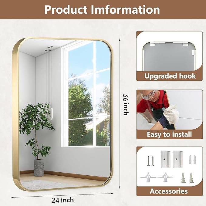 24x36 Inch Gold Bathroom Mirror, Brushed Brass Gold Metal Framed Rectangular Mirror with Rounded Corner, Wall Mounted Vanity Mirror for Bedroom or Living Room, Horizontal/Vertical