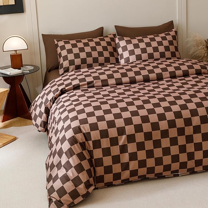 Luxlovery Brown Grid Comforter Set Full Brown Khaki Plaid Bedding Comforter Set Women Men Full Bed Soft Breathable Blanket Quilts Modern Geometric Coffee 3pcs Bedding Set