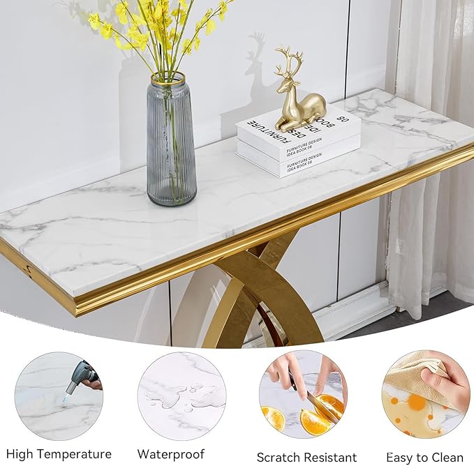 Marble Console Entryway Table, 47 inch Faux Marble Narrow Long Sofa Table, Modern White Tall Accent Table for Living Room, Entrance Table with Gold Geometric Stainless Steel Frame