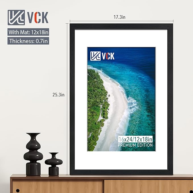 VCK 16x24 frame 5 Pack, Display Poster 12x18 with Mat or 16x24 without Mat, Textured Exclusive Solid Wood Picture Frame, Black