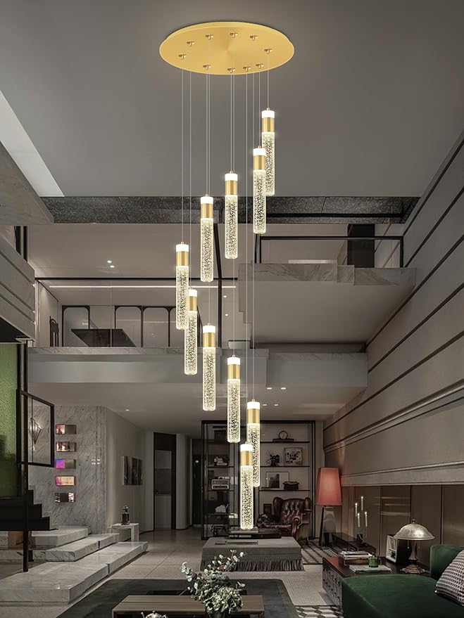 10-Lights Gold Crystal Chandeliers 110 inch Long Spiral Crystal Chandelier for High Ceiling Modern LED Foyer Ceiling Chandeliers Dimmable 3000-6000K