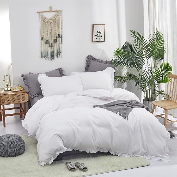 Luxlovery White Comforter Set California King Ruffle White Bedding Comforter Set Plain White Shabby Chic Farmhouse Blanket Quilts Vintage Rustic Bedding Set for Cal King Bed