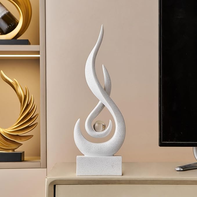 White Decor Modern Flame Statue Home Decorations for Living Room, 13.7" H Shelf Decor Accents, Abstract Art Resin Sandstone Sculpture for Dining Room Office Coffee Table Centerpiece (Sandstone White)