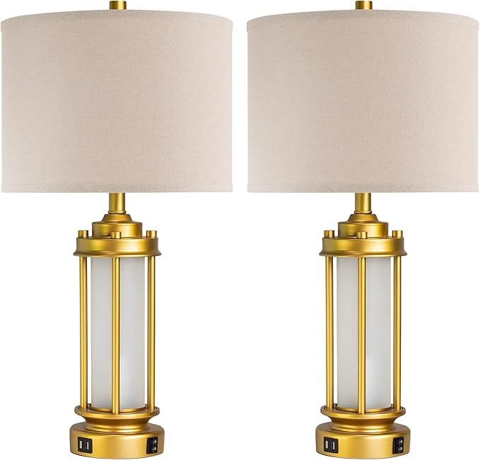 Modern Bedroom Table Lamps Set of 2, Farmhouse Vintage Bedside Lamp with 2 USB Ports, Gold Nightstand Desk Lamps with Glass Nightlight for Living Room Entryway Dresser, 4 Bulbs Included
