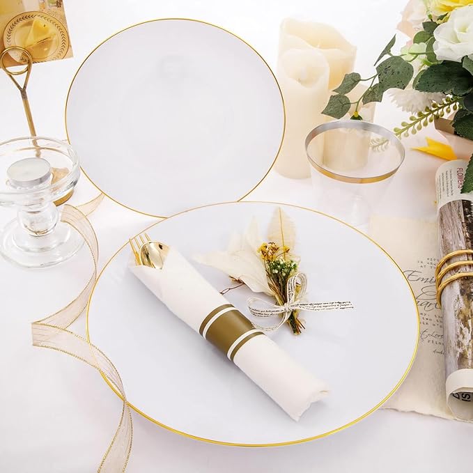 Rubtlamp 140Pcs Gold Plastic Plates, White Plates with Gold Rim, Disposable Dinnerware Include 20Dinner Platos, 20 Dessert Platos, 20Pre Rolled Napkins with Cutlery and 20 Cups for Party