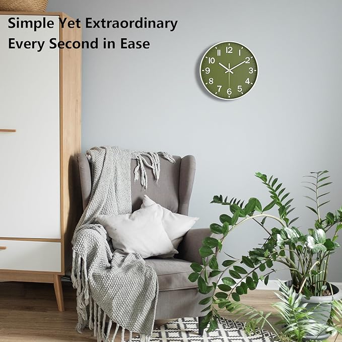 Wall Clock, 8 Inch Wall Clocks Battery Operated, Modern Non Ticking Silent Digital Analog Small Wall Clock for Bedroom Living Room Kitchen Office Gym Classroom Outdoor Clocks, Olive Green