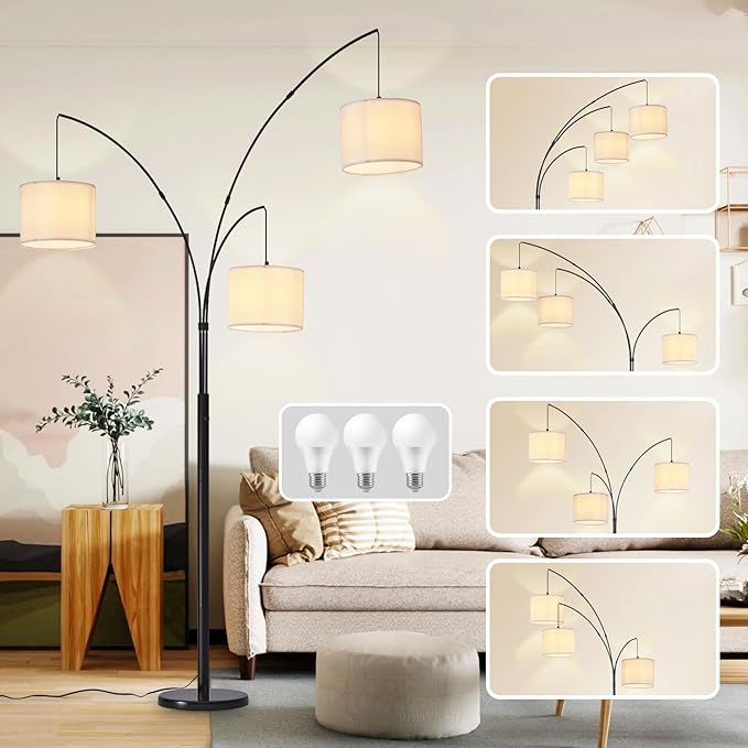 DLLT Modern Floor Lamp for Room: 3-Light Black Tree Dimmable Floor Lamps with White Shades for Living Room - Arc Standing Lamp for Bedroom - Tall Floor Lamp for Office Corner 3 LED Bulbs Included