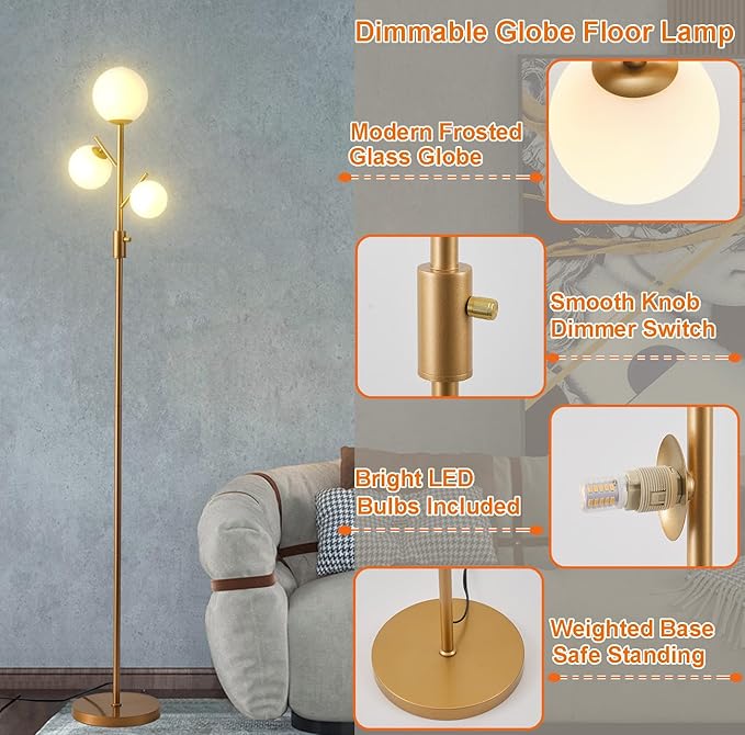 Fiqevs Upgraded Dimmable Globe Floor Lamp for Living Room, Mid Century Modern Gold Tree Floor Lamps with LED Bulbs, Elegant Standing Lamp for Bedroom Office Dining Room