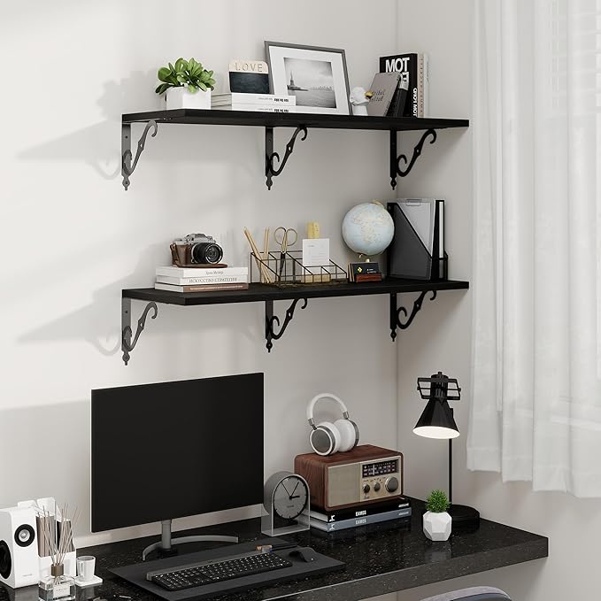 Fun Memories 36 Inches Floating Shelves, Rustic Long Wall Shelves, 8 Inch Deep Book Shelf Wall Mounted with Bracket, Wide Display & Storage Shelves for Living Room, Bathroom, Bedroom, Black, Set of 2