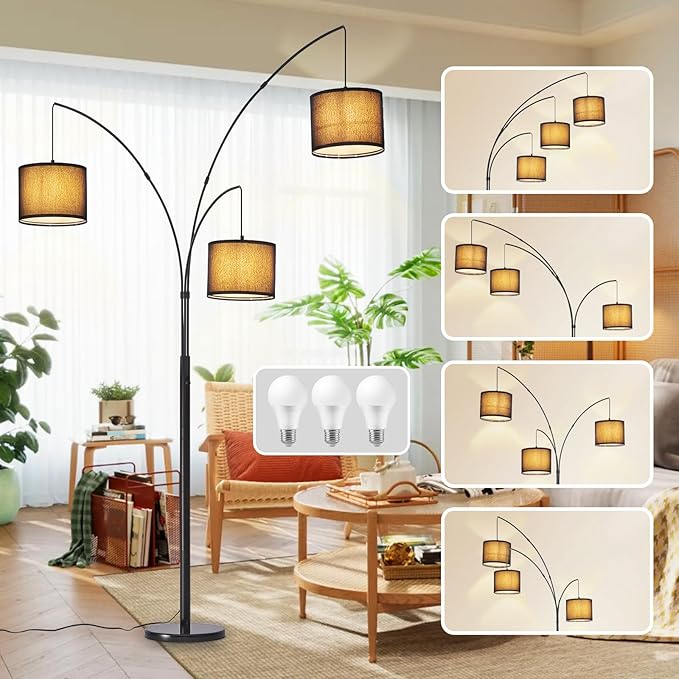 DLLT Modern Floor Lamp for Room: 3-Light Black Tree Dimmable Floor Lamps with Black Shades for Living Room - Arc Standing Lamp for Bedroom - Tall Floor Lamp for Office Corner 3 LED Bulbs Included
