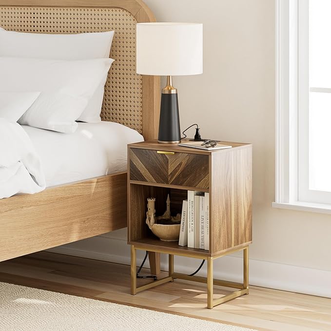 Masupu Extra Large Nightstand with Charging Station,Boho Night Stand Modern Farmhouse Wood Bedside Table with Storage Drawer and Open Shelf,Side End Table for Bedroom,Living Room,Office Brown
