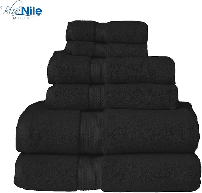 BLUENILEMILLS Premium Towel Collection, Egyptian Cotton Towels for Shower and Bathroom Assorted 6-Piece Towel Set, 30" x 55", 20" x 30", 13" x 13", Black by Blue Nile Mills