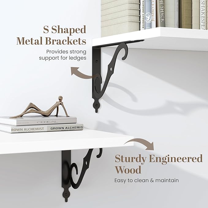 Floating Shelves for Wall, 24"W x 8"D Wall Shelves, 12 Inch Deep Floating Shelf with Bracket, 24 Inch Floating Shelves for Living Room and Bathroom, Display & Storage Shelves, White, Set of 2