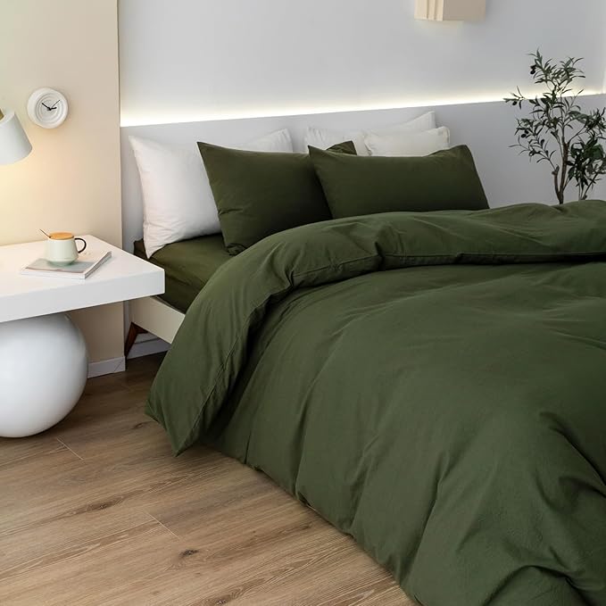 JIYUAN 100% Washed Cotton Duvet Cover Set 3 Pieces Oversized King, 1 Duvet Cover 120x98 Inches(Comforter Not Included) and 2 Pillowcases,Linen Feel Bedding Set Comfy and Breathable,Olive Green