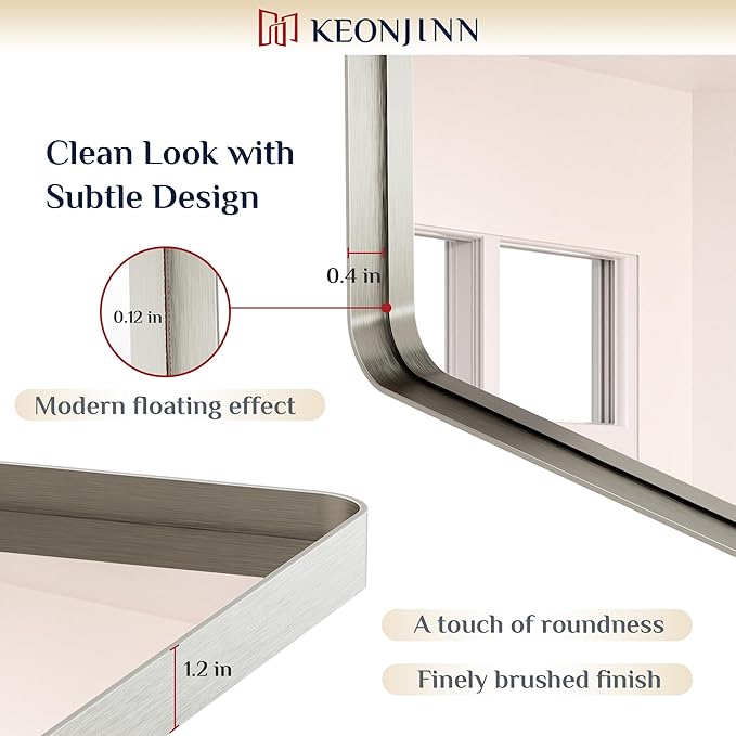 Keonjinn 20 x 30 Inch Brushed Nickel Bathroom Mirrors for Over Sink, Rounded Rectangle Silver Bathroom Vanity Mirror, Farmhouse Mirror for Wall, HD Tempered Glass, Anti-Rust Aluminum Alloy Mirror
