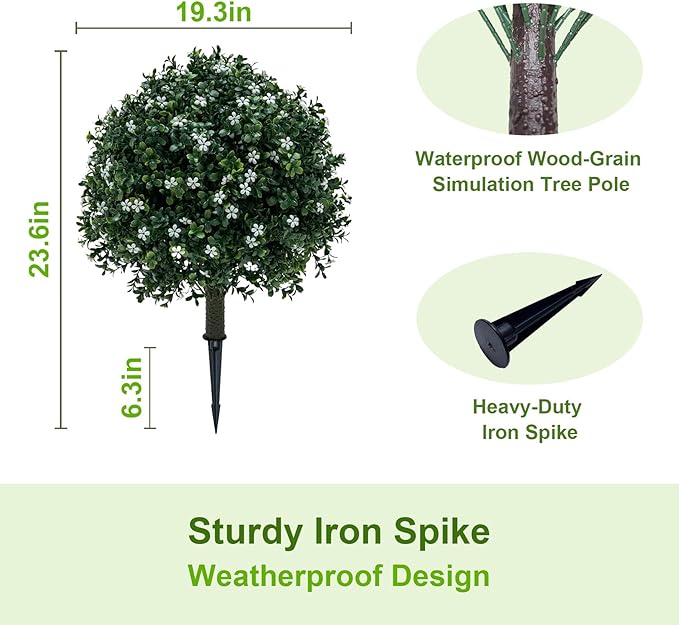 Boxwood Balls Topiary Trees Artificial Outdoor 2 Pack - 25.6in UV Resistant PE Greenery with White Flowers, Sturdy Aluminum Spikes Faux Plants for Patio Garden Porch Decor | Outdoor Artificial Plants