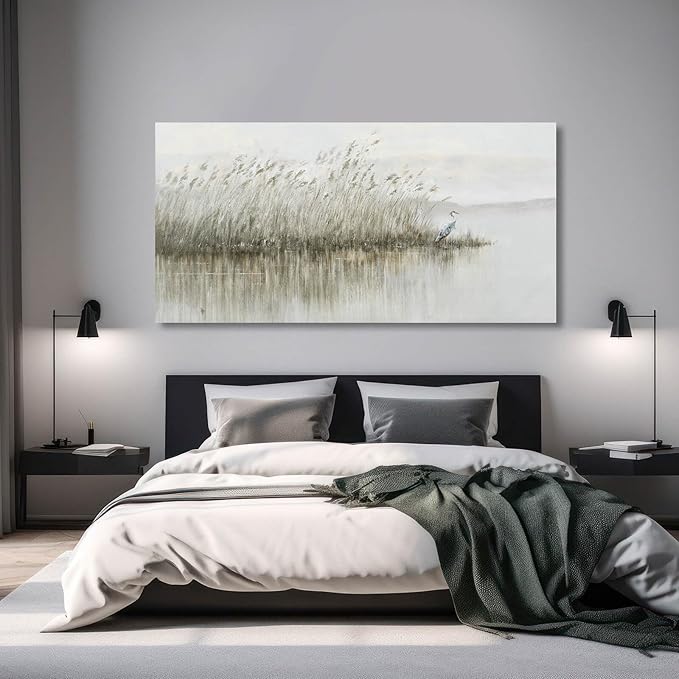 WINKAILIN Grey Pictures Wall Decor Landscape Wall Art Reed and Egret Painting on Canvas Vintage Posters for Room Bedroom Living Room Home Decor 29x58 Inch