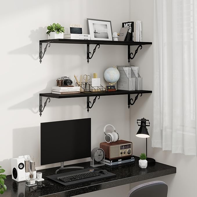 40 Inch Floating Shelves Wall Mounted, 12 Inch Deep Wall Shelves with Bracket, Rustic Hanging Bookshelf, 40" Bookshelves for for Living Room, Kitchen and Bedroom, Black, Set of 2