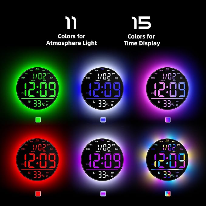 10" Large Digital Wall Clock with Remote Control, Music Sync RGB Atmosphere Light, Low-Reflectivity, Temperature, LED Display, Dual Alarms, BT Sync, Auto DST for Bedroom and Classroom