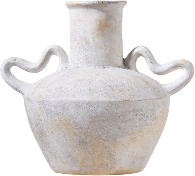 7.5 in Rustic Ceramic Farmhouse Vase with 2 Handles,Glazed Beige and Yellow Vintage Pottery Jar with Black Distressed Eroded Texture Finish,Boho for Home Decor,Tabletop,Mantel,or Living Room