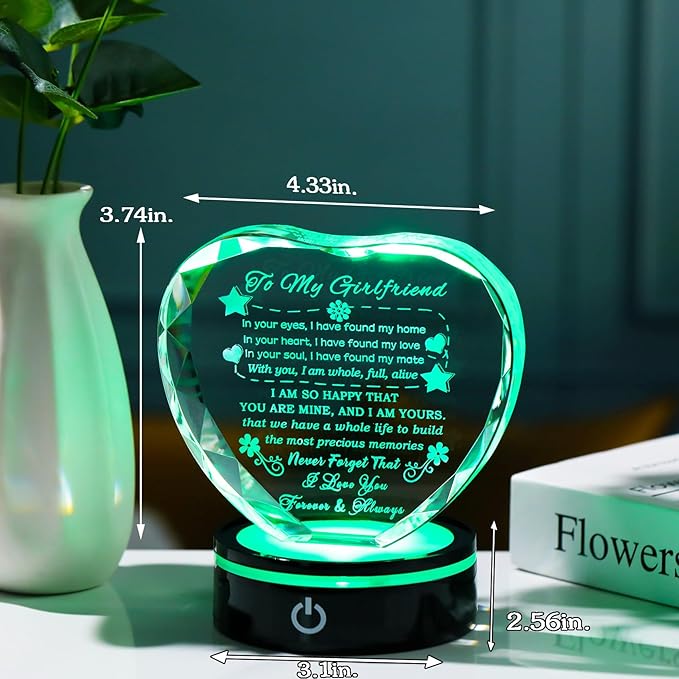 YWHL Gifts for Girlfriend with Colorful Base Romantic Heart Crystal Keepsakes to My Girlfriend Gifts from Boyfriend on Birthday Anniversary I Love You Gifts for Her
