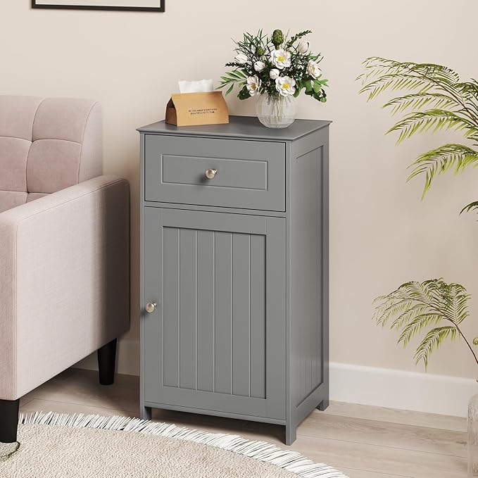 Tangkula Small Bathroom Cabinet for Small Spaces, Freestanding Single Door Storage with Adjustable Shelf, Anti-Tipping Device, Smooth Drawer, Floor Cabinet for Bathroom & Living Room (Gray)