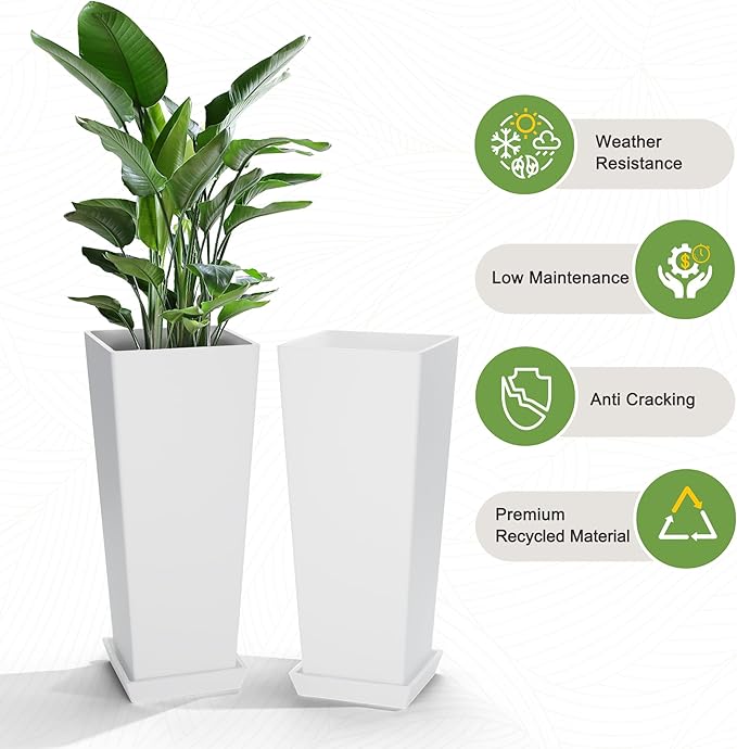 Elevens Set of 2 Tall Outdoor Planters 24 Inch, Large Planters for Indoor Outdoor Plants, Tapered Square Flower Pots with Tray for Patio,White